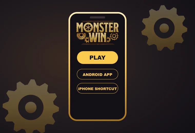Phone showing the MonsterWin lobby with Android app and iPhone shortcut buttons