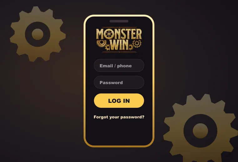 MonsterWin casino login screen on a phone with email or phone and password fields